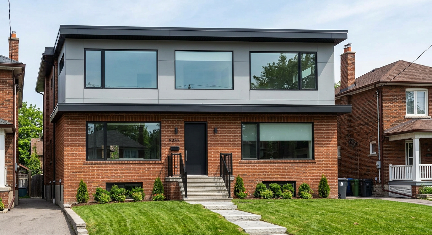 Second-storey addition — modern flat-roof addition on brick home in Toronto