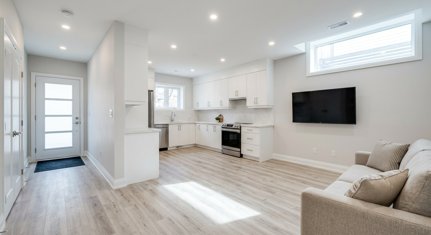 Legal basement apartment — bright open living space with glass staircase and full kitchen