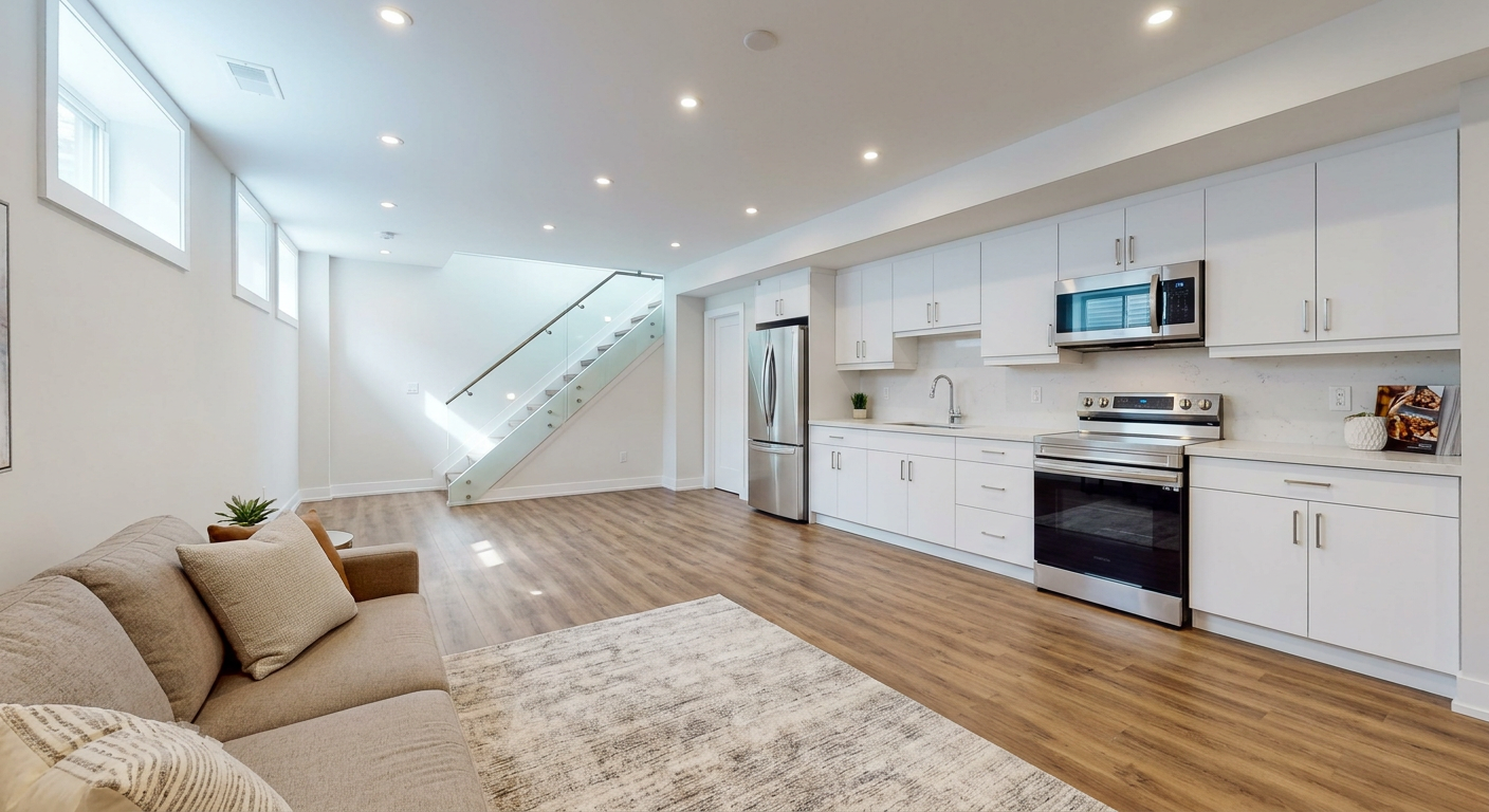 Legal basement apartment — L-shaped kitchen, separate entrance, open living area with TV